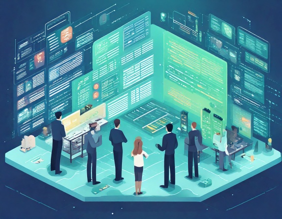 „Flat-Design Illustration: Ein IT-Team steht vor einem großen Dashboard, das Daten aus On-Premises-Servern, Cloud-Symbolen (Azure, AWS, Google) und Containern zusammenführt. Klare Übersicht statt Chaos, moderne Farben (Blau, Türkis, Grau), isometrischer Technologie-Stil, minimalistisch und professionell.