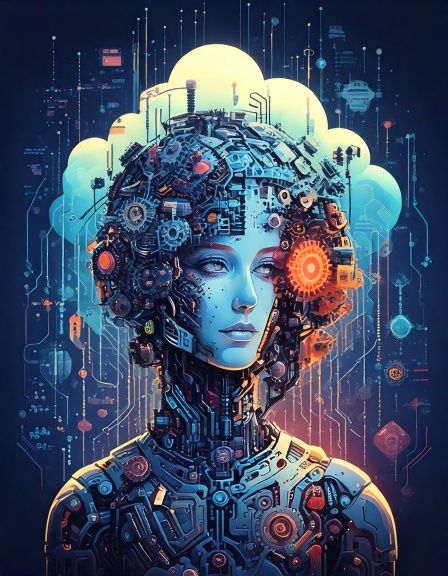 Interlake_Illustration- Ein Roboter-AI-Chip analysiert Logs und Metriken und markiert Anomalien