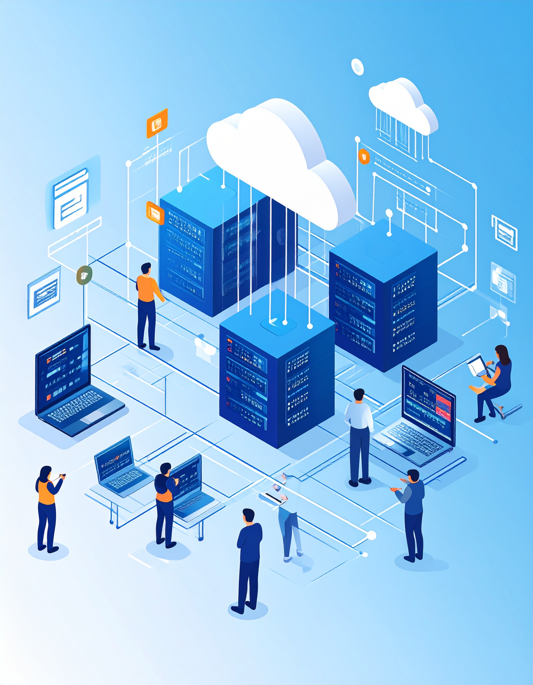Interlake_Infografik_Ein IT-Team blickt auf viele verstreute Daten