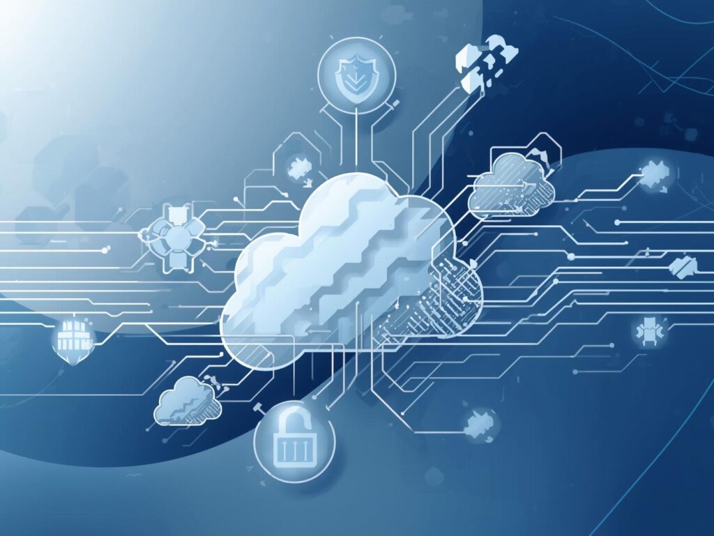 Cloud infrastructure with connected components, data flows, and security icons